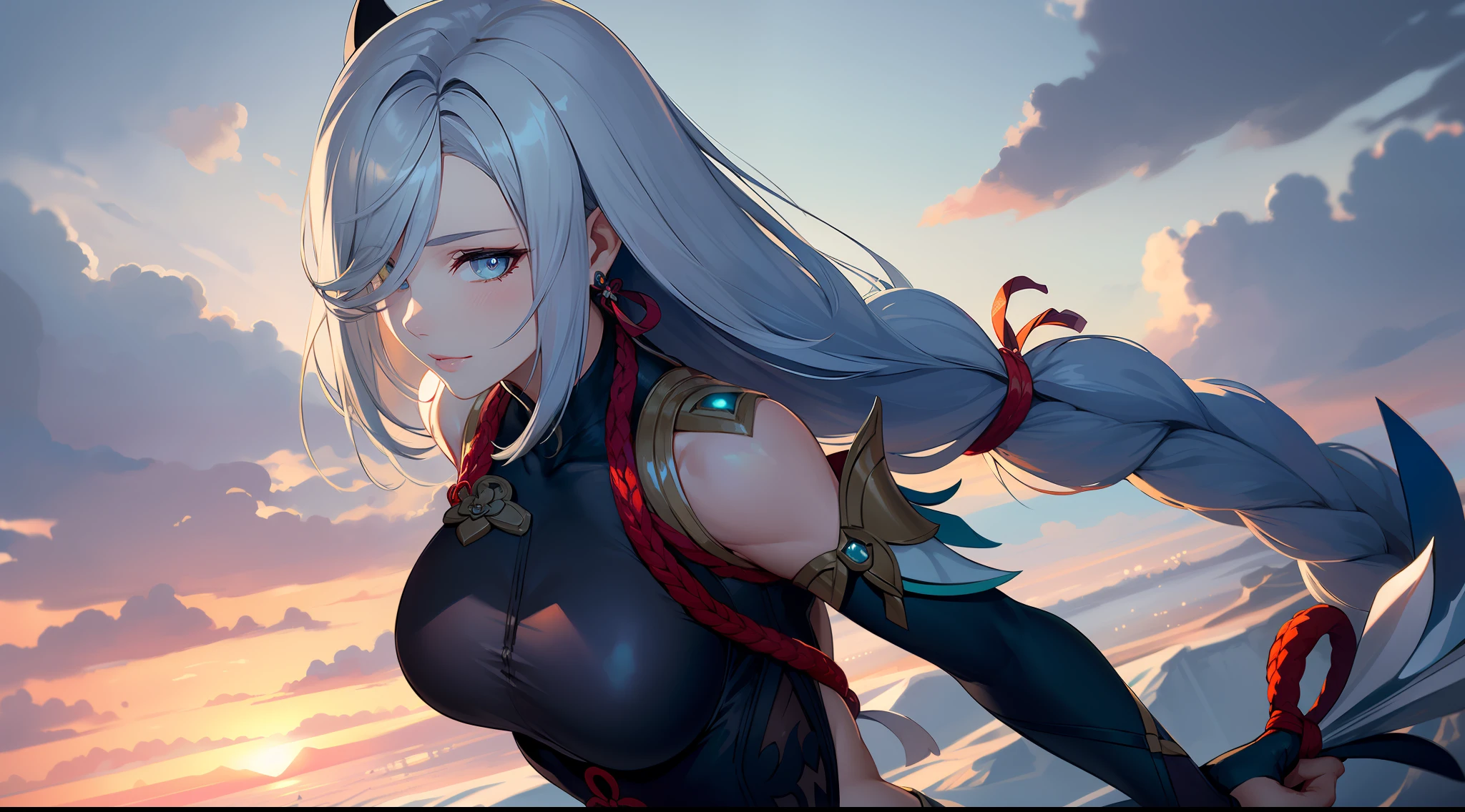 shenhedef, upper body, seductive look, blush, outdoors, snowflake scenery, looking at viewer, cloudy, moody lighting, (perfect detail eyes:1.2), glowing eyes, (long hair one braid:1.2), elemental skill effect, (Masterpiece, Best Quality, High Quality:1.4), professional artwork, Intricate Details, field of view, sharp focus, detailed painting, photorealistic lighting, trending on pixiv, (vivid lighting, vibrant colors:1.05), realistic shadows, ambient occlusion, (athletic body:1.3), mature woman, 30yo,