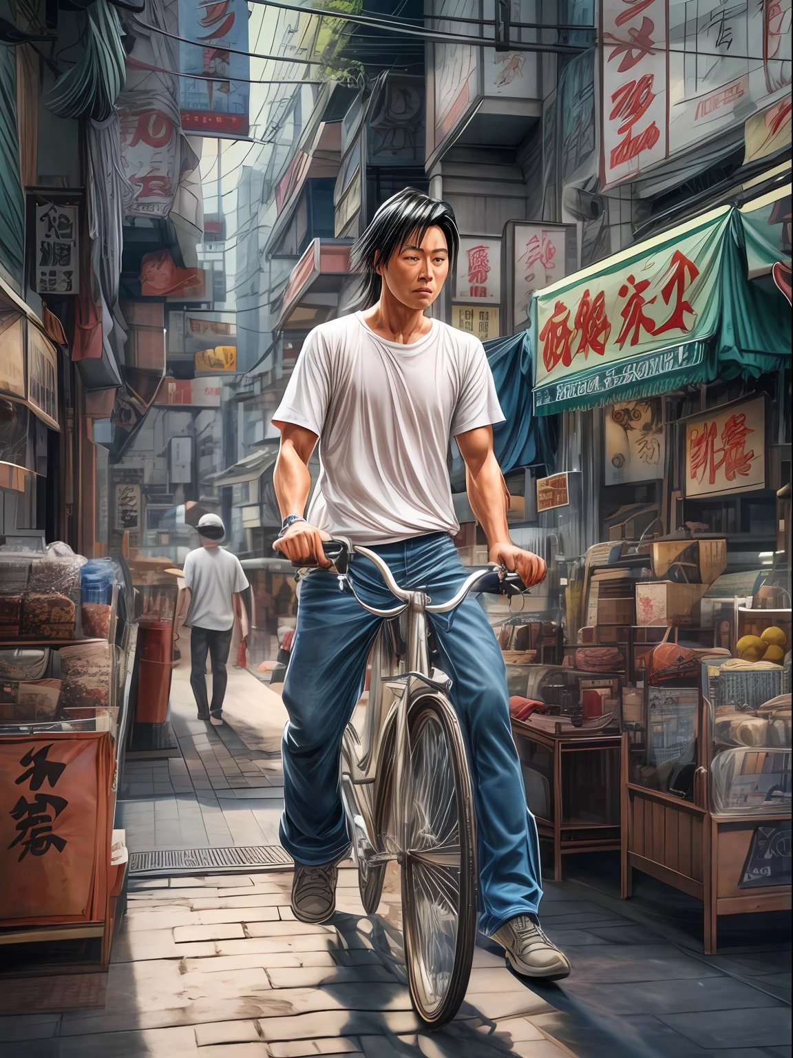 Кинематографическая фотореалистичная цветная цифровая живопись на талии Кинтаро Оэ, странствующего ученика аниме «Золотой мальчик», носит белую футболку., синие джинсовые брюки, очки для езды на велосипеде в стиле ретро, с любопытством ходит по тротуару Токио, детальное лицо, безумно подробно и запутанно, четкий, резкий и ясный, объемное освещение, Сверхвысокое разрешение, Шедевры гиперреалистичных работ Тацуи Эгавы, Кинематографическая сцена Хиромасы Огуры., центрированный, Профессиональная цветокоррекция Кеннета Хайнса-младшего..
