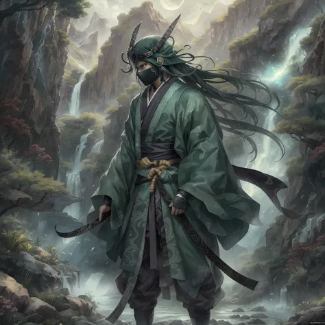 mystic ninja，detailed face，detailed eyes，clear eyes，gui zen，exotic beasts of mountains and seas，dark green and black details, lo...