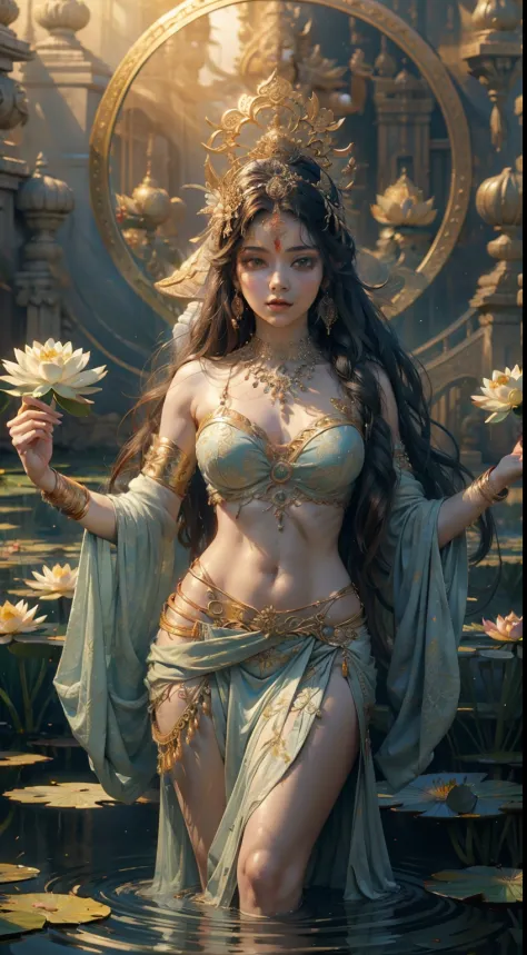 (​masterpiece:1.3),(top-quality),( 8K, 4K), (Intricate details),reallistic,Hindu goddesses、Lakshmi、Stand on a lotus flower、Has 4...