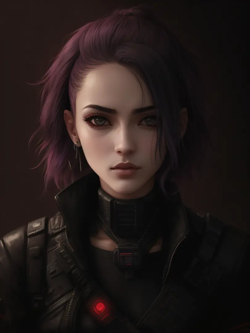 um close up de uma mulher com cabelos longos e uma jaqueta escura, O retrato da menina cyberpunk, retrato cyberpunk, cara bonita...