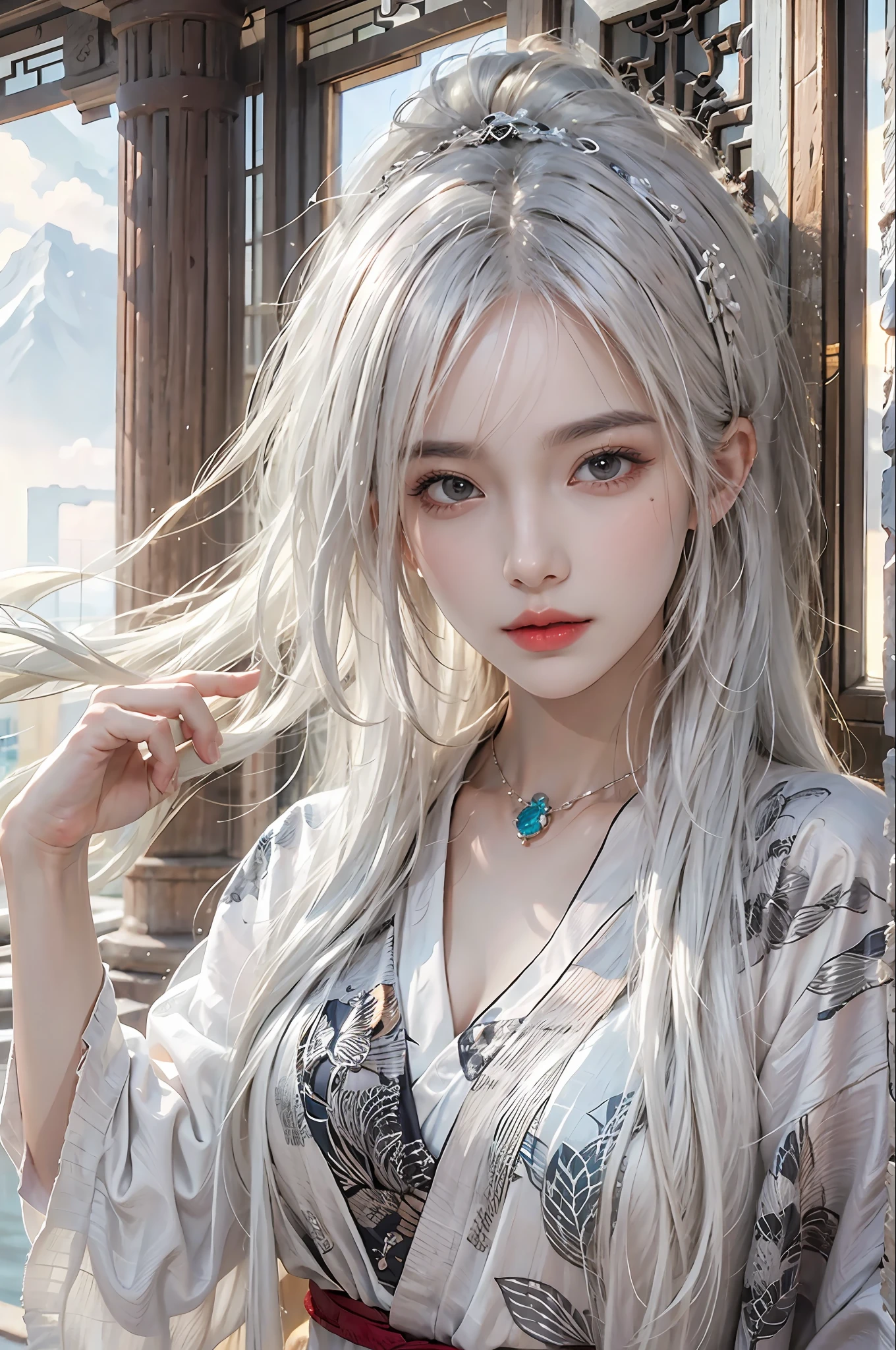 photorealistic, high resolution, 1women, solo, hips up, look at viewer, (detailed face), white hair, long hair, Ancient China