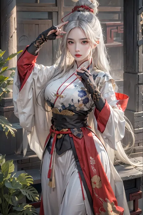 photorealistic, high resolution, 1women, solo, hips up, look at viewer, (detailed face), white hair, long hair, Ancient China