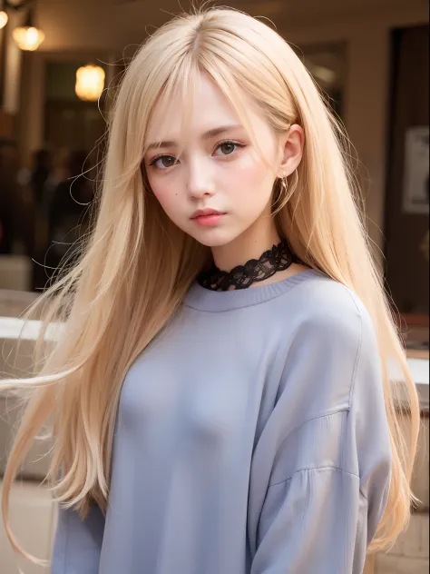 platinum blonde super long silky straight hair、portlate、school uniforms、bright expression、poneytail、young shiny shiny white shin...