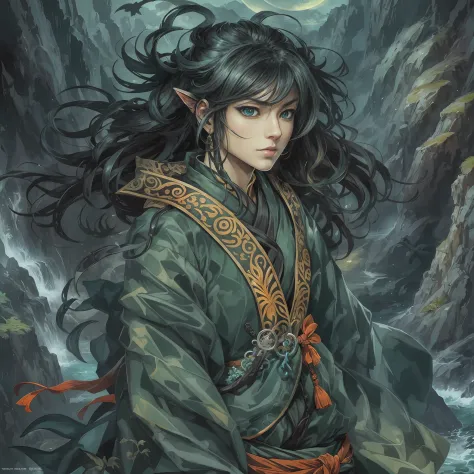 mystic ninja，detailed face，detailed eyes，clear eyes，gui zen，exotic beasts of mountains and seas，dark green and black details, lo...