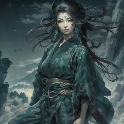 mystic ninja，detailed face，detailed eyes，clear eyes，gui zen，exotic beasts of mountains and seas，dark green and black details, lo...