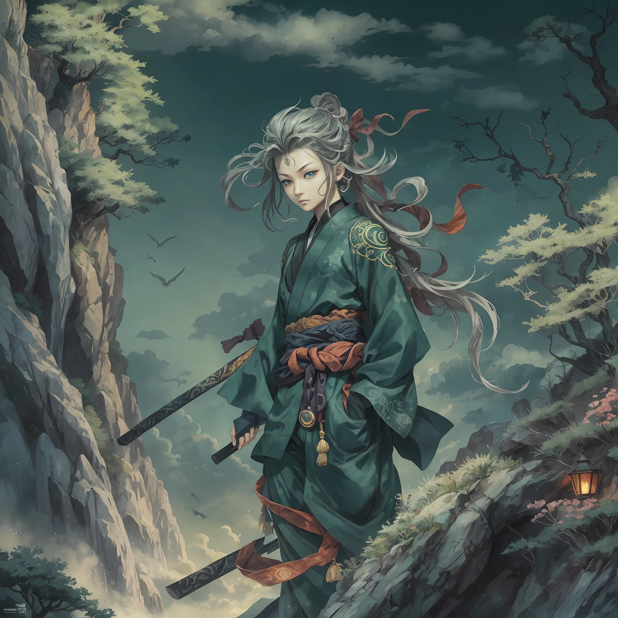 mystic ninja，Detailed face，Detailed eyes，Clear eyes，Gui Zen，Exotic beasts of mountains and seas，Dark green and black details, Loose and thick clothing covers the body，standing on cliff，Bask in the luxury of Yoshitaka Amano in the moonlight，fanciful，sci-fy，the complex background（full bodyesbian），((dynamicposes))，Colorful wallpapers，Highly detailed，Masterpiece，best qualtiy，art  stations