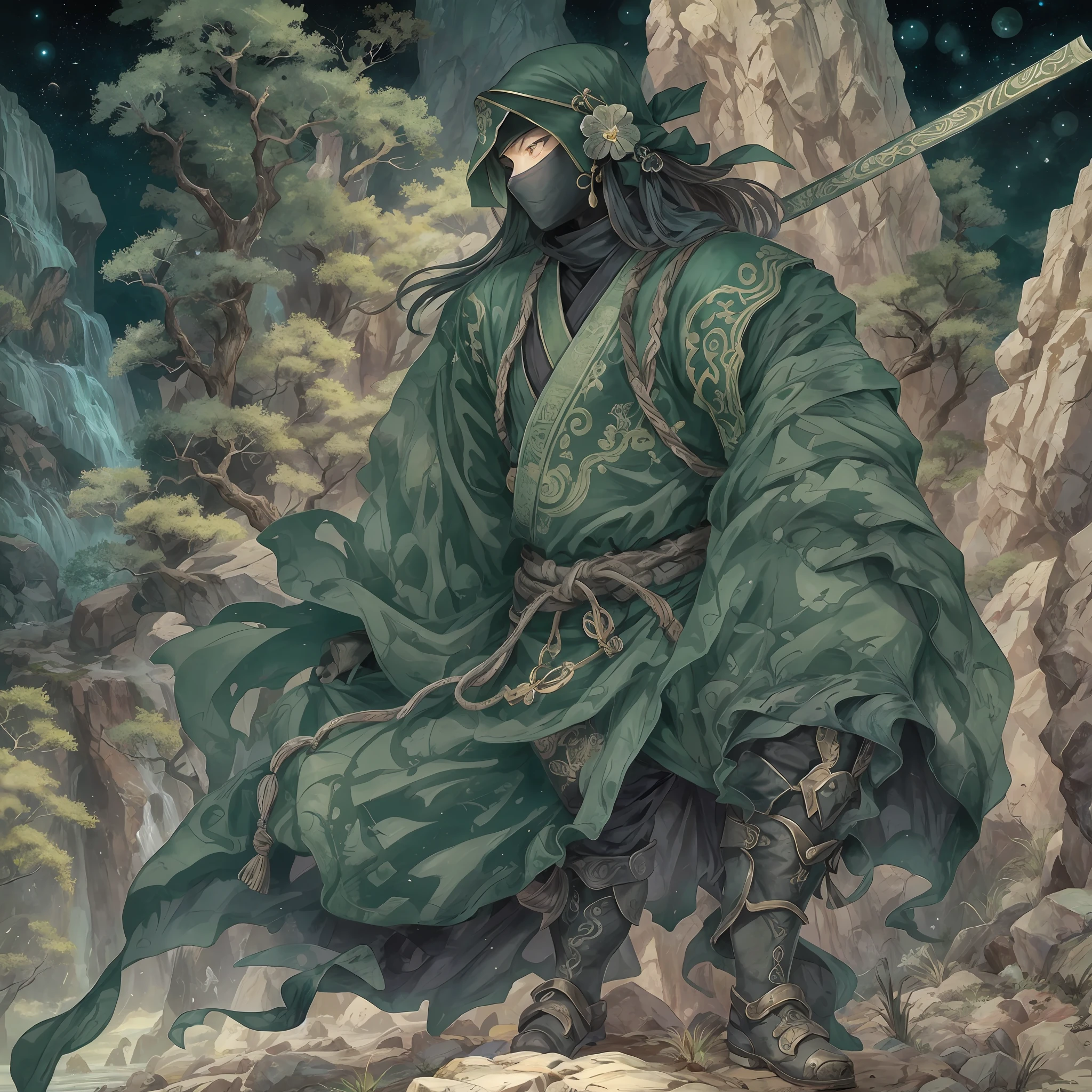 mystic ninja，Detailed face，Detailed eyes，Clear eyes，Gui Zen，Exotic beasts of mountains and seas，Dark green and black details, Loose and thick clothing covers the body，standing on cliff，Bask in the luxury of Yoshitaka Amano in the moonlight，fanciful，sci-fy，the complex background（full bodyesbian），((dynamicposes))，Colorful wallpapers，Highly detailed，Masterpiece，best qualtiy，art  stations