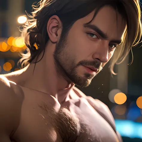 masterpiece, best quality, close-up portait, handsome shirtless scruffy daddy, (bokeh), realistic, dramatic lighting, atmospheri...