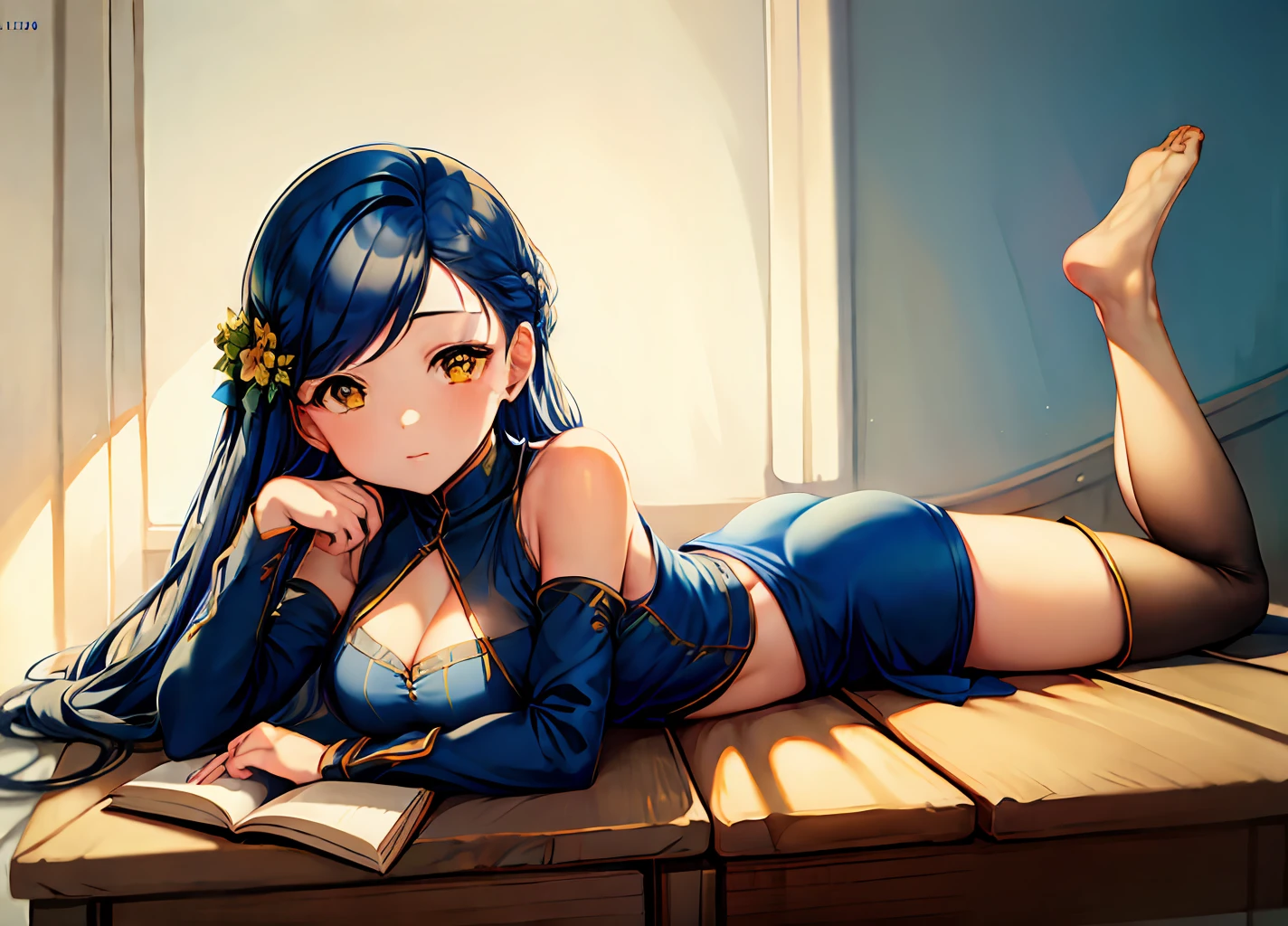 Full body view, feet in view, 1girl, solo, Myne, Rosemyne, detailed face, blue hair, blue religious clothes, yellow eyes, rosemyne bookworm, (lying on stomach),  ((reading book)), view from side, legs in air, pantyhose, no shoes