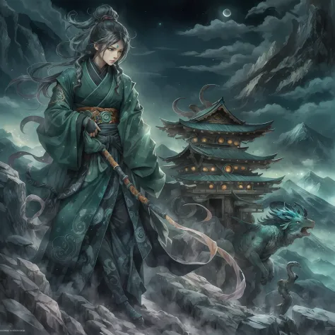 mystic ninja，detailed face，detailed eyes，clear eyes，gui zen，exotic beasts of mountains and seas，dark green and black details, lo...