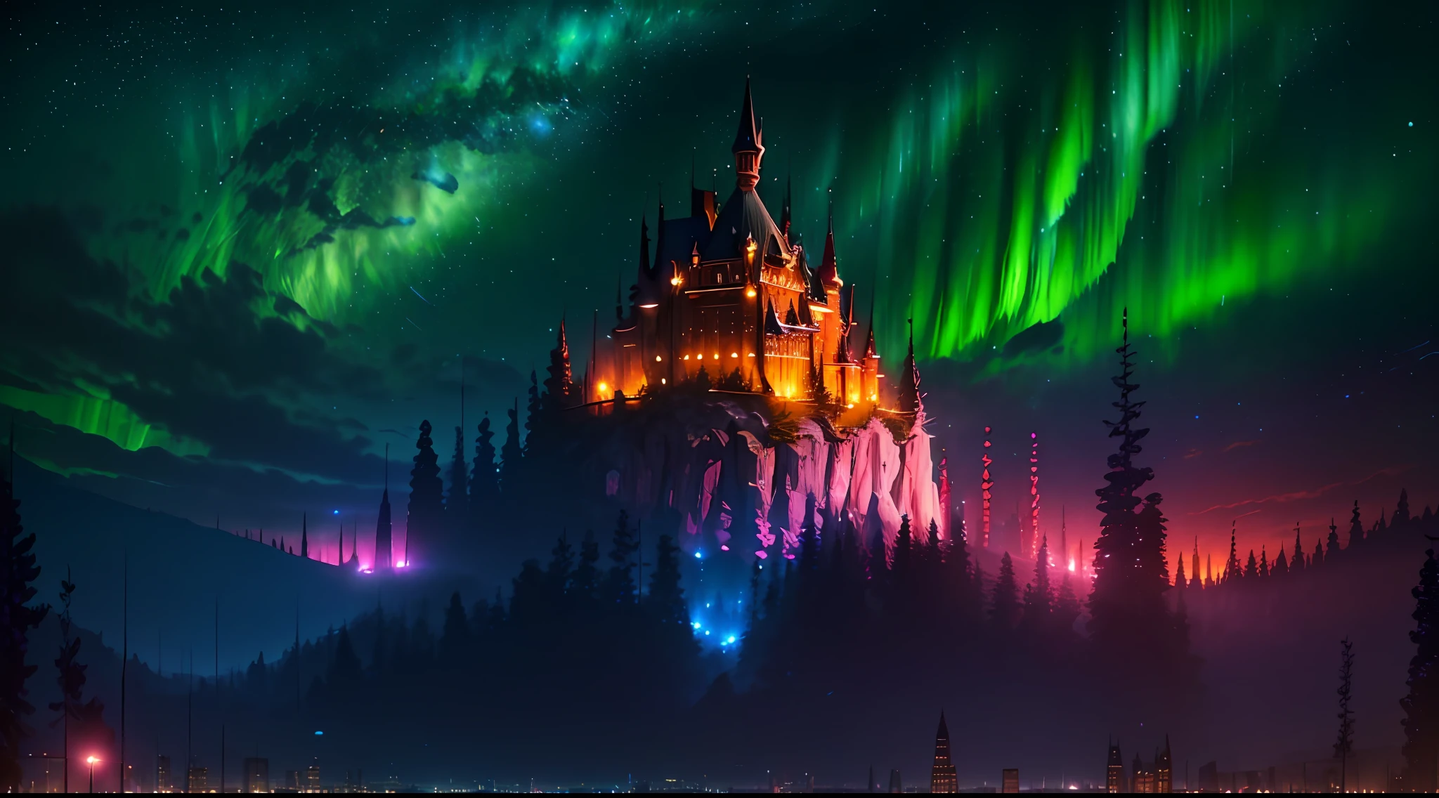 (夜深時, 夜深時, 夜深時) 我看到一個美麗的, 詳細的 8K artwork with a sugary pink crystal castle, 閃閃發光的金色, 以及神奇夜空襯托下的童話般的風景.8K,((巨大的完整城市)),(太空城),(北極光,詳細的),((高品質))