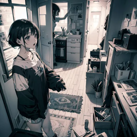 Girls' apartment，The girl screamed in horror，animemanga girl，Young girls，Chiaroscuro, Super detail, ccurate, Masterpiece, High d...