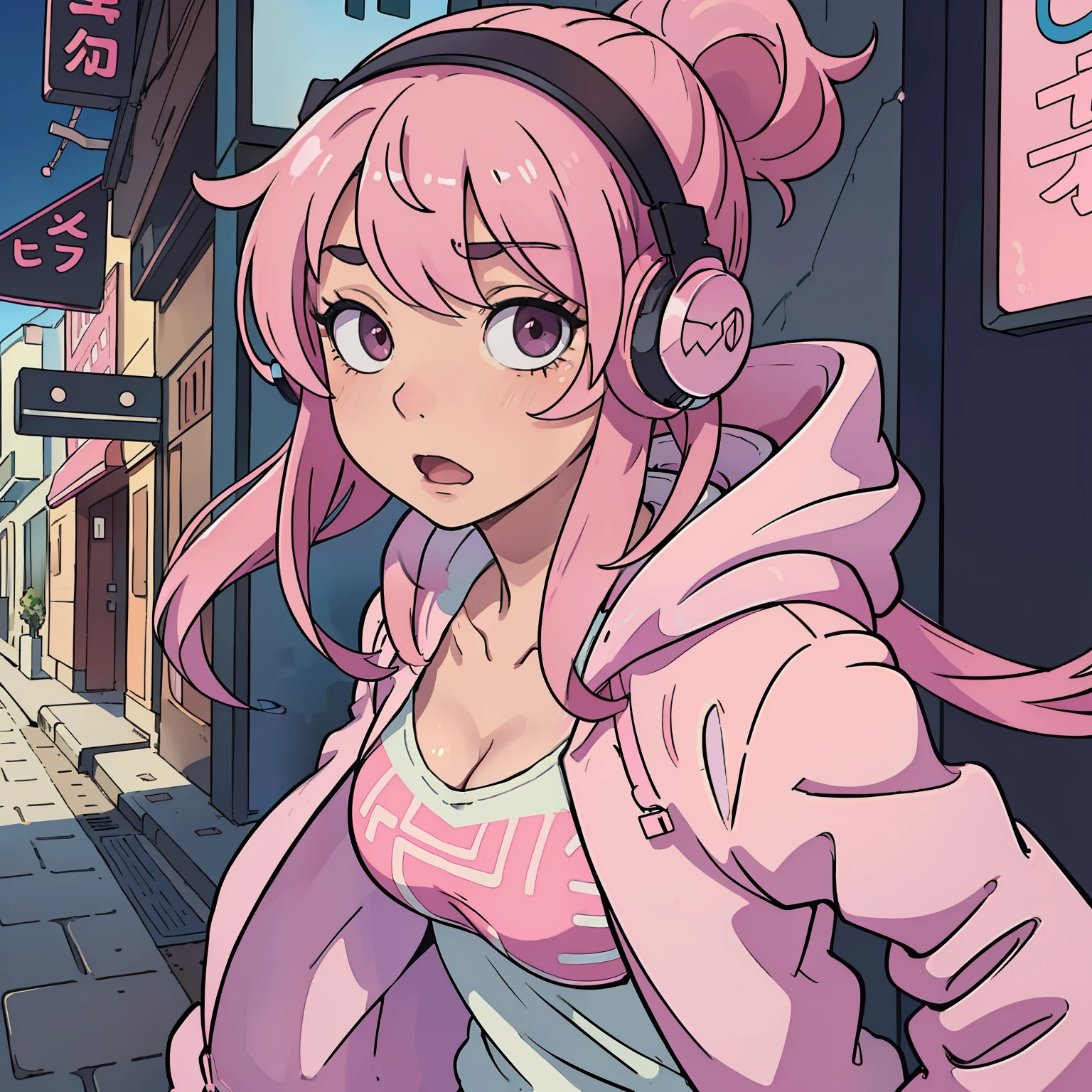 (best-quality:0.8), (best-quality:0.8), perfect anime illustration, extreme closeup portrait of a pretty woman walking through the city, pink hair, curious surprised but calm face, hoodie, slightly open mouth, stylish fashion, decent tribal make up, open jacket, small cleavage, headphones, stroking through hair