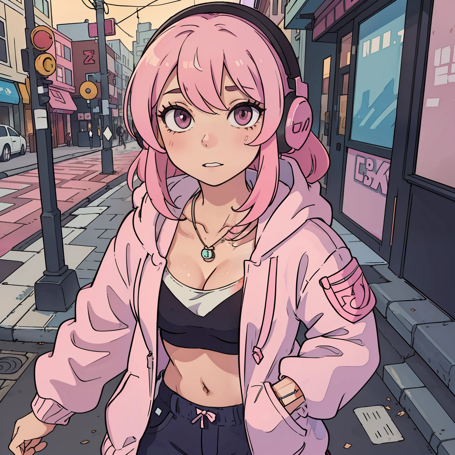 (melhor qualidade:0.8), (melhor qualidade:0.8), ilustração de anime perfeita, retrato em close extremo de uma mulher bonita andando pela cidade, cabelo rosa, (expressão facial de ser questionado sobre algo na rua por uma pessoa aleatória), expressão facial pensando, capuz, moda elegante, maquiagem tribal decente, jaqueta aberta, decote pequeno, fones de ouvido, colar pendurado no decote