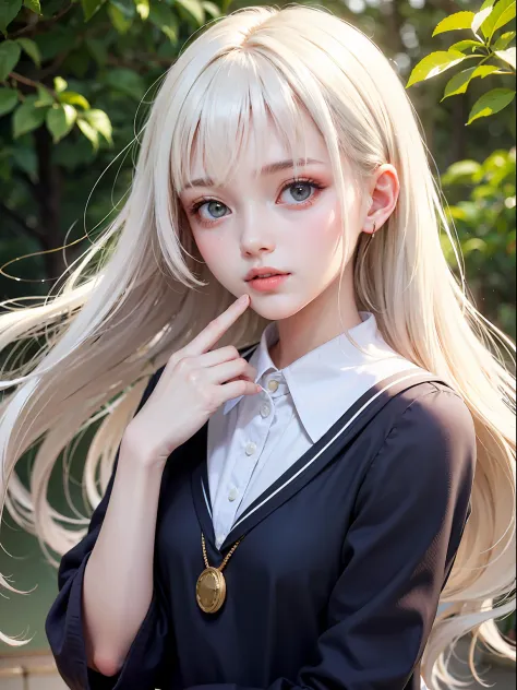 platinum blonde super long silky straight hair、portlate、school uniforms、bright expression、poneytail、young shiny shiny white shin...