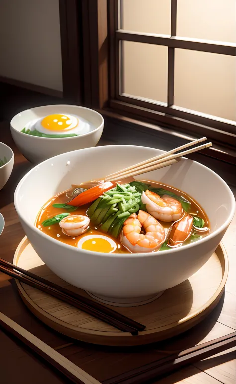 Ultra-detailed 8k CG，realisticlying，Chinese noodles，There are shrimp and tofu，chopsticks，Egg，Embroidered windows。