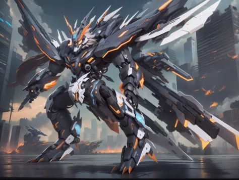 Wolf mech，Mechanically articulated wings，Skysky，swoop，Cannon muzzle to the audience，The texture of the all-over Yinlan mecha，high-quality wallpaper