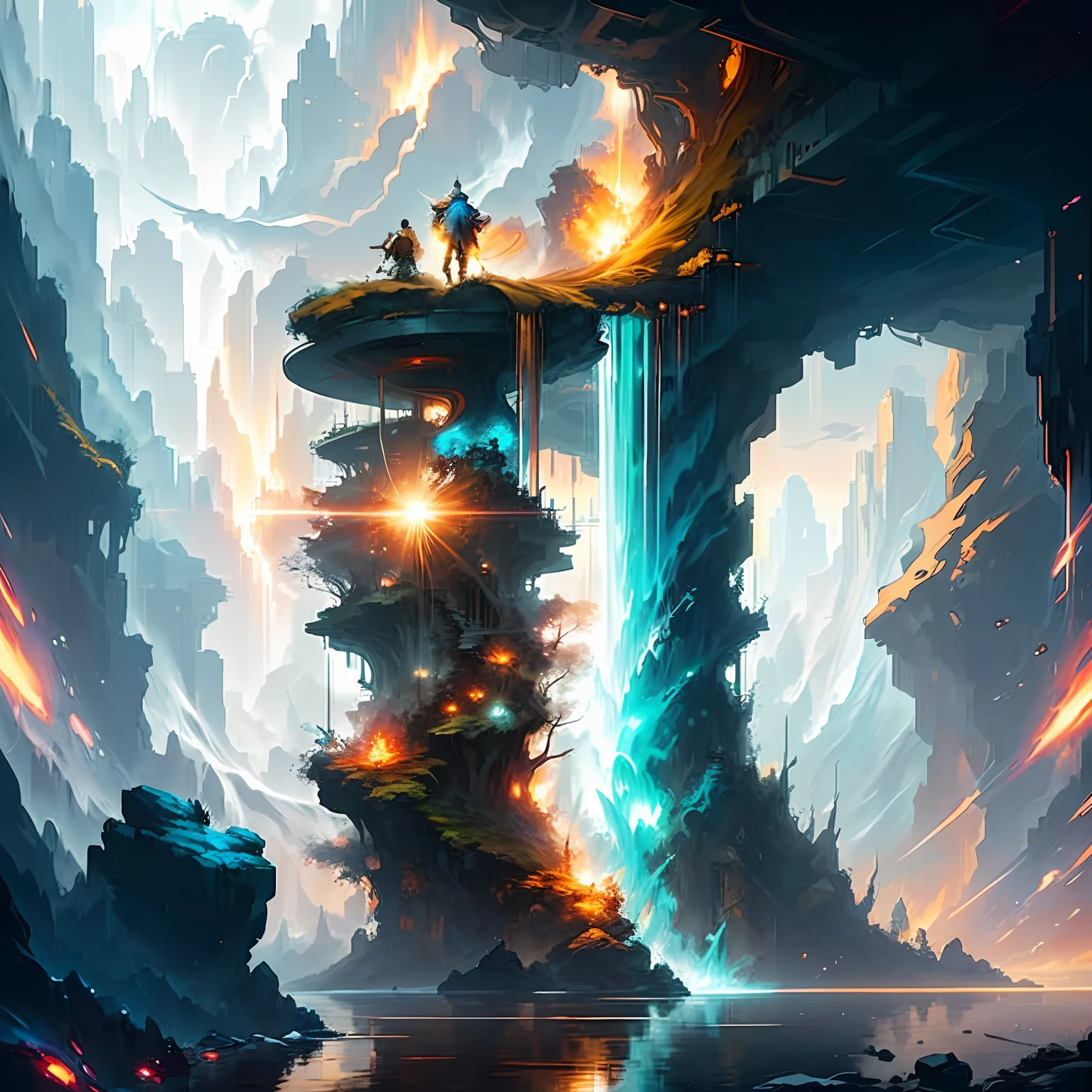 Splash art surreal, by Hikari Shimoda and Gediminas Pranckevicius and Peter Mohrbacher, digital art, dnd, golden hour, trending on artstation, rule of thirds, (waterfall:0.8),