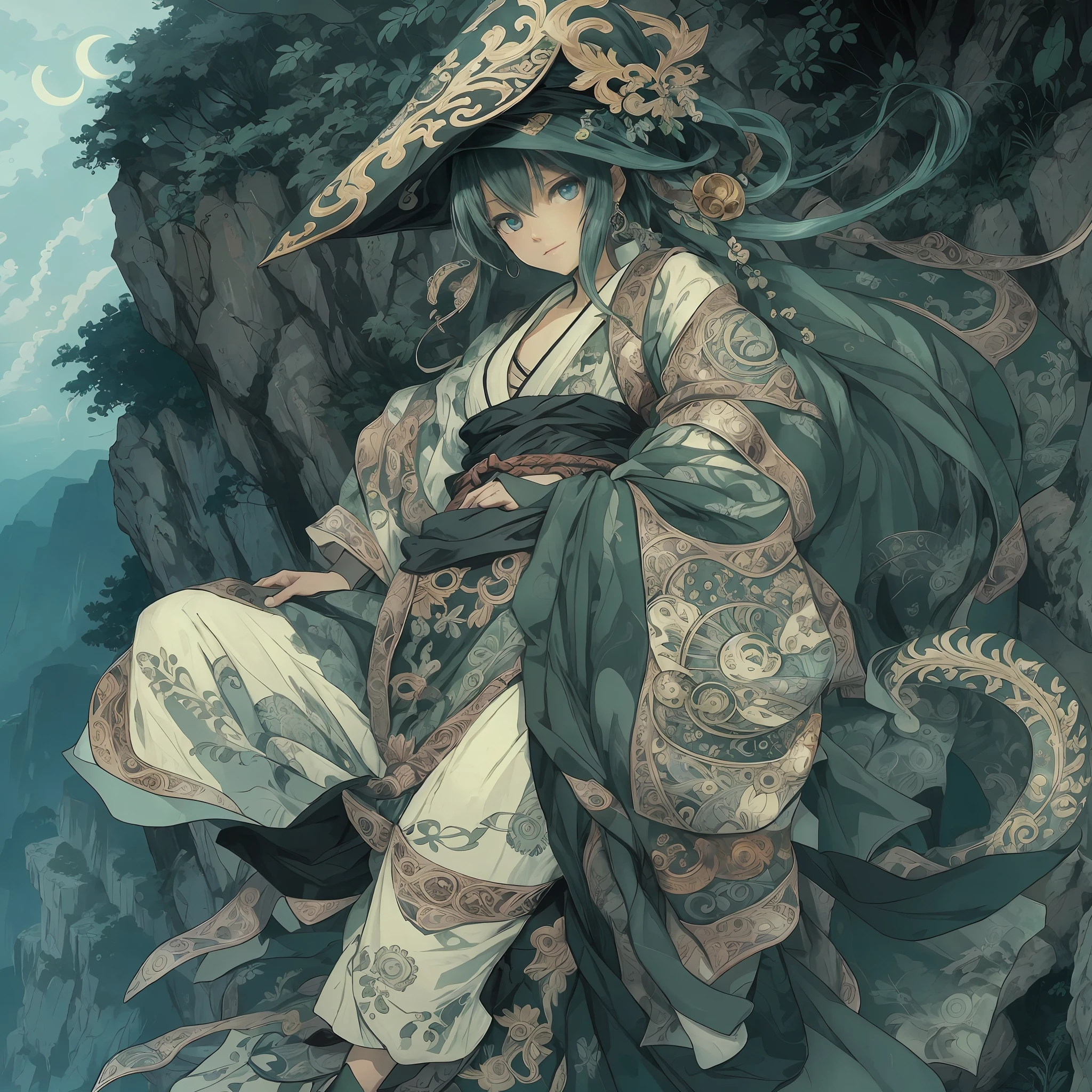 mystic ninja，Detailed face，Detailed eyes，Clear eyes，Gui Zen，Exotic beasts of mountains and seas，Dark green and black details, Loose and thick clothing covers the body，standing on cliff，Bask in the luxury of Yoshitaka Amano in the moonlight，fanciful，sci-fy，the complex background（full bodyesbian），((dynamicposes))，Colorful wallpapers，Highly detailed，Masterpiece，best qualtiy，art  stations