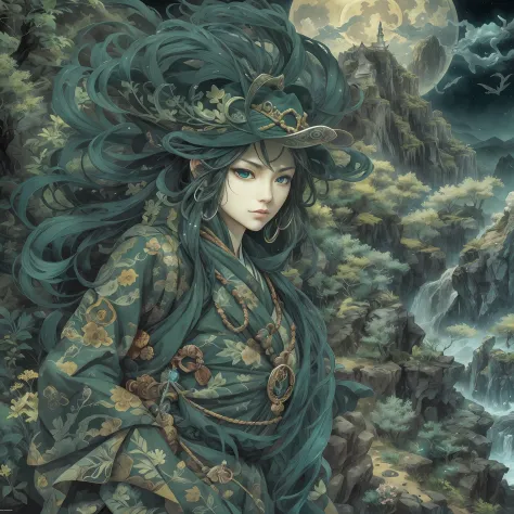 mystic ninja，detailed face，detailed eyes，clear eyes，gui zen，exotic beasts of mountains and seas，dark green and black details, lo...