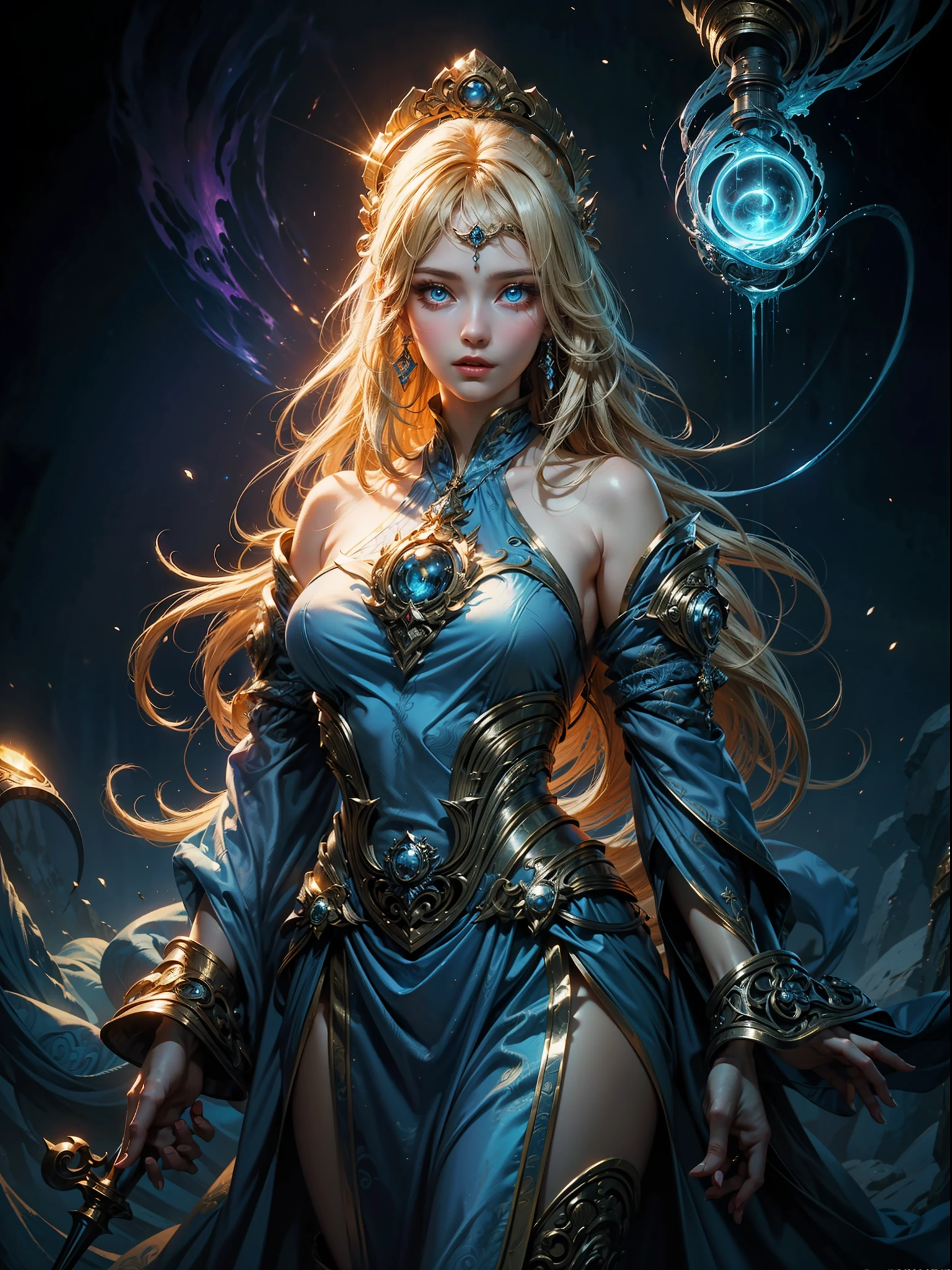 high details, best quality, 8k, [ultra detailed], masterpiece, best quality, (extremely detailed), dynamic angle, ultra wide shot, photorealistic, fantasy art, dnd art, rpg art, realistic art, an ultra wide picture of a female human (1.5 intricate details, Masterpiece, best quality) godess of light (( blue radiant aural)),  ((controlling a swirling blue radiant magic)), manipulating purple radiant magical sigils, human female, blond  hair, long hair with aura, hair with radiant eyes, intense eyes, ((radiant eyes)), ((glowing eyes)), dynamic clothing, fantasy temple background, ((divine worship atmosphere)), high details, best quality, highres, ultra wide angle