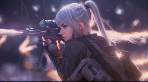 beautiful sniper girl , in the park, silver hair, split ponytail, Conceptual art, best photo shot, glowing light, realistic, UHD...