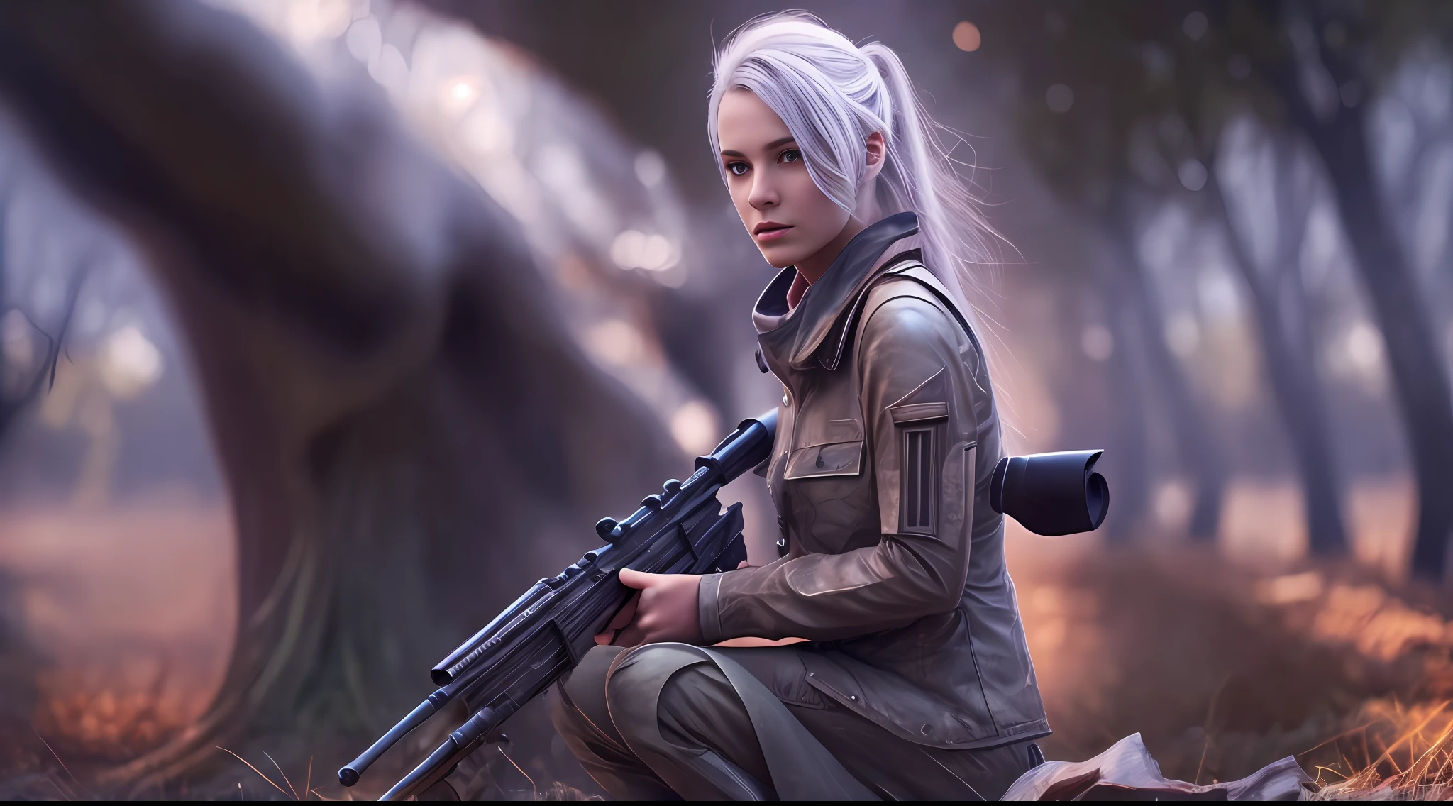 beautiful sniper girl , in the park, silver hair, split ponytail, Conceptual art, best photo shot, glowing light, realistic, UHD, textured skin, masterpiece, anatomically correct, best quality, 8k, full body,