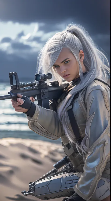 beautiful sniper girl , on the beach, silver hair, split ponytail, Conceptual art, best photo shot, glowing light, realistic, UH...