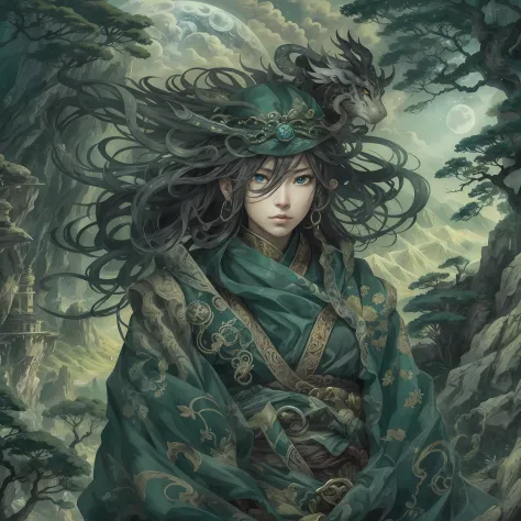 mystic ninja，detailed face，detailed eyes，clear eyes，gui zen，exotic beasts of mountains and seas，dark green and black details, lo...