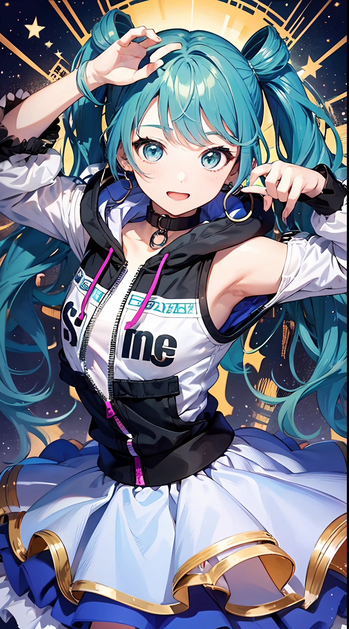 (masterpiece, super detail,) anatomically correct, 1anime girl, vivimiku, blue skirt,  With sparkling eyes and long and fluffy blue hair, she wears a colorful outfit and enchants people with her wonderful voice. Her name is Hatsune Miku, the most famous virtual singer in the world.