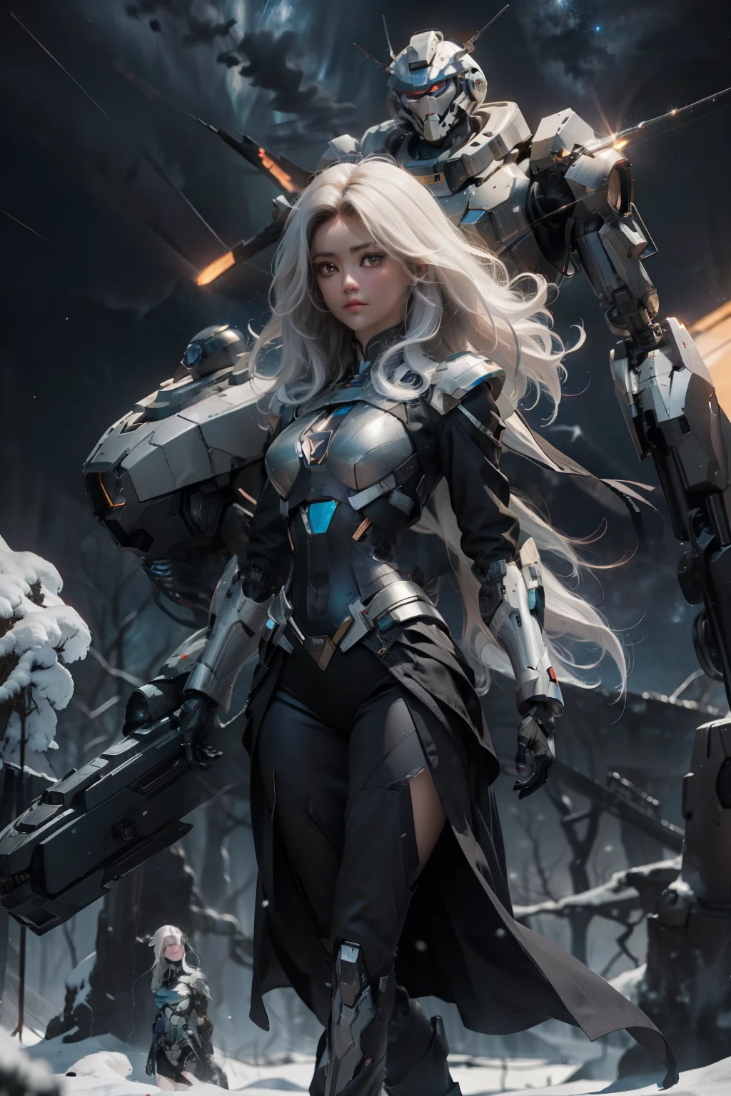 1girl,star_\(sky\), starry_sky, night, shooting_star, night_sky, space, milky_way, 1girl, sky, mecha, long_hair, weapon, snowing, galaxy, light_particles, constellation, space_craft, aurora, white_hair, armor, photography, masterpiece, best quality, 8K, HDR, highres, absurdres:1.2, Kodak portra 400, film grain, blurry background, bokeh:1.2, lens flare, (vibrant color:1.2),gril.