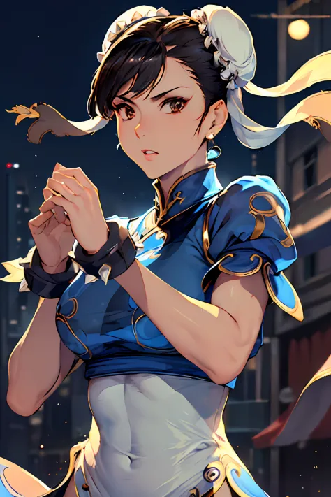 ((masterpiece,best qualtiy)),1girl,solo,chunli,upper body,beautiful night street background