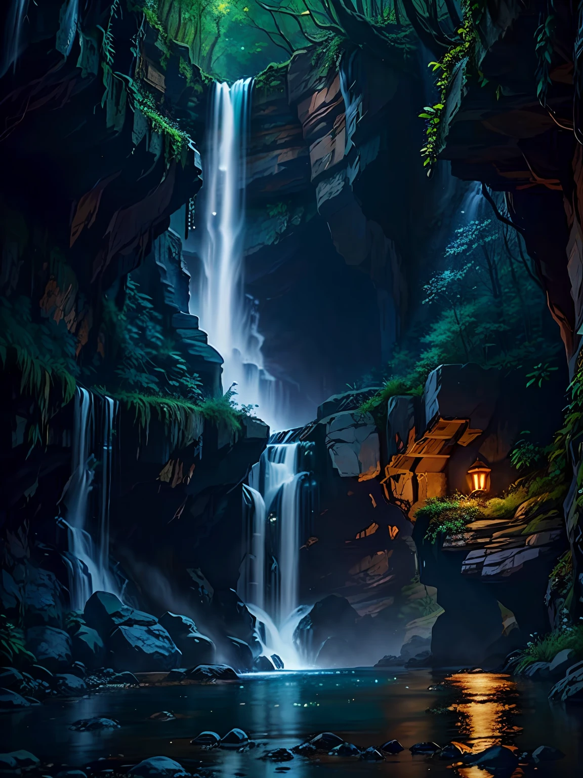 waterfallr，water flowing，High picture quality，the detail，downy，the night，Stardust，magic，naturey