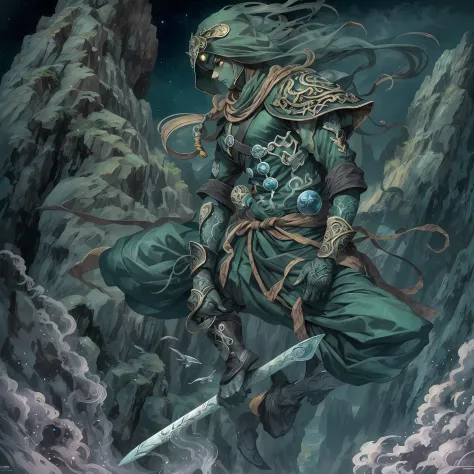 mystic ninja，detailed face，detailed eyes，clear eyes，gui zen，exotic beasts of mountains and seas，dark green and black details, lo...