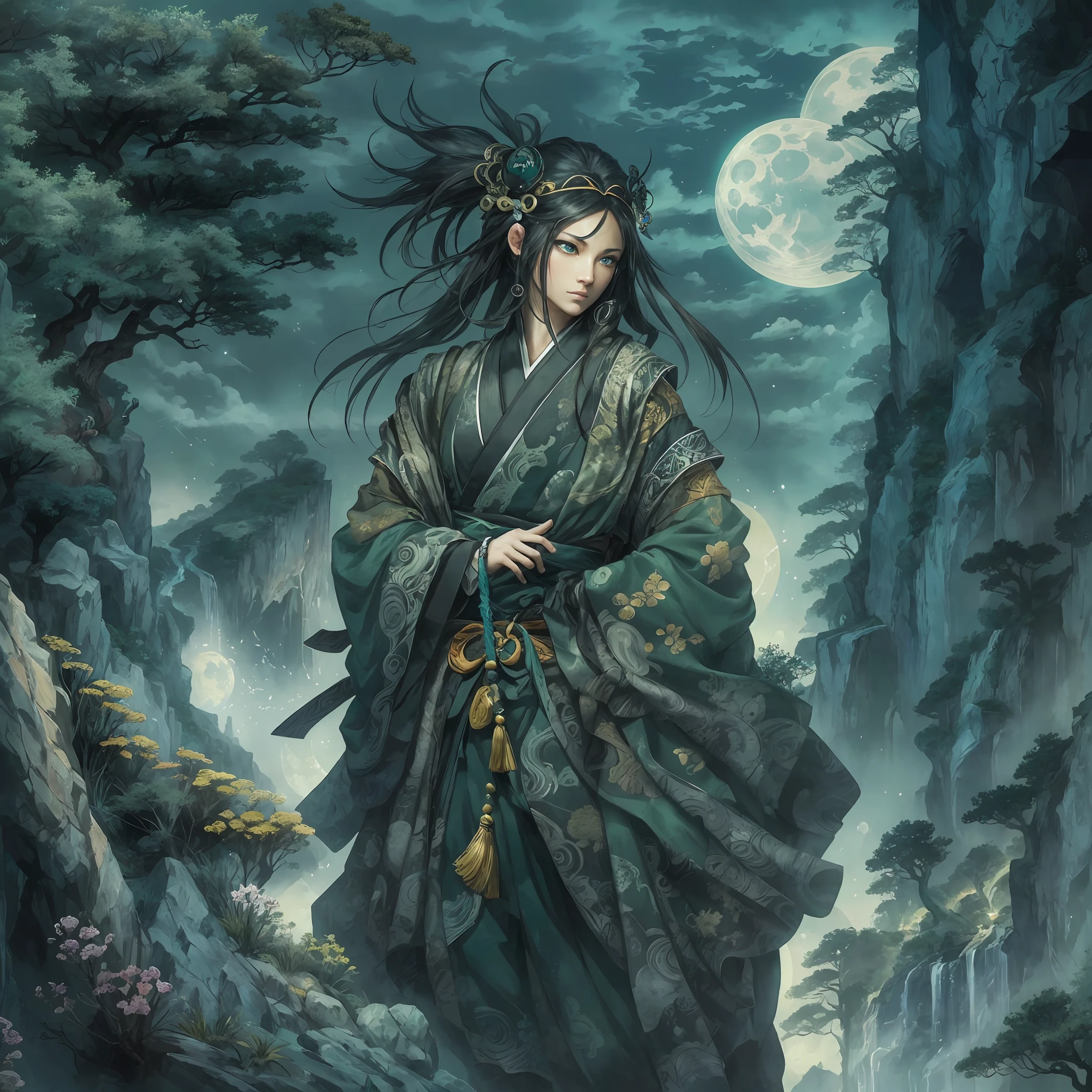 mystic ninja，Detailed face，Detailed eyes，Clear eyes，Gui Zen，Exotic beasts of mountains and seas，Dark green and black details, Loose and thick clothing covers the body，standing on cliff，Bask in the luxury of Yoshitaka Amano in the moonlight，fanciful，sci-fy，the complex background（full bodyesbian），((dynamicposes))，Colorful wallpapers，Highly detailed，Masterpiece，best qualtiy，art  stations