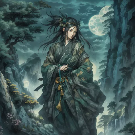 mystic ninja，detailed face，detailed eyes，clear eyes，gui zen，exotic beasts of mountains and seas，dark green and black details, lo...