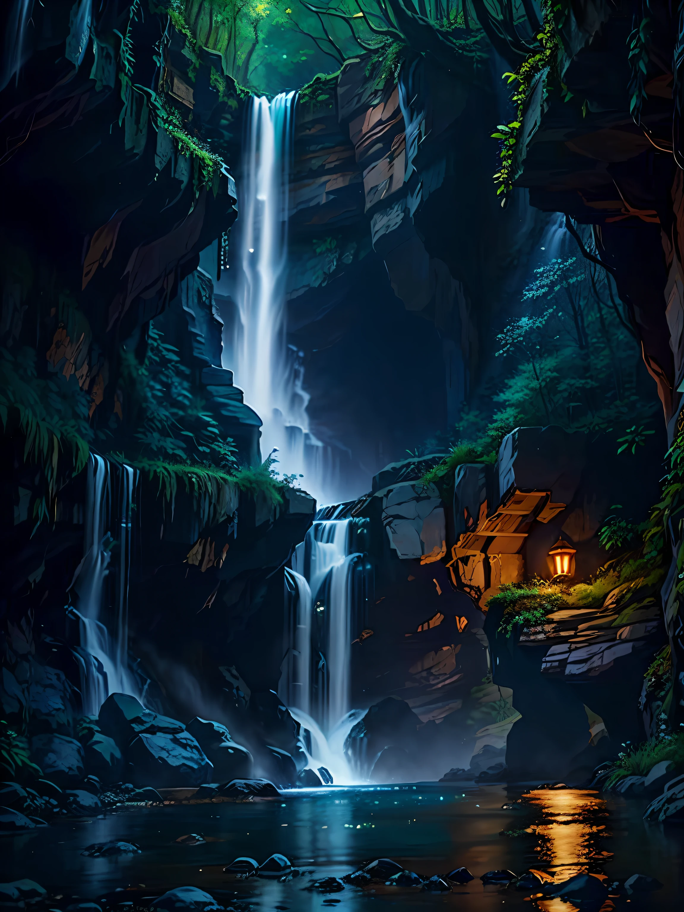 waterfallr，water flowing，High picture quality，the detail，downy，the night，Stardust，magic，naturey