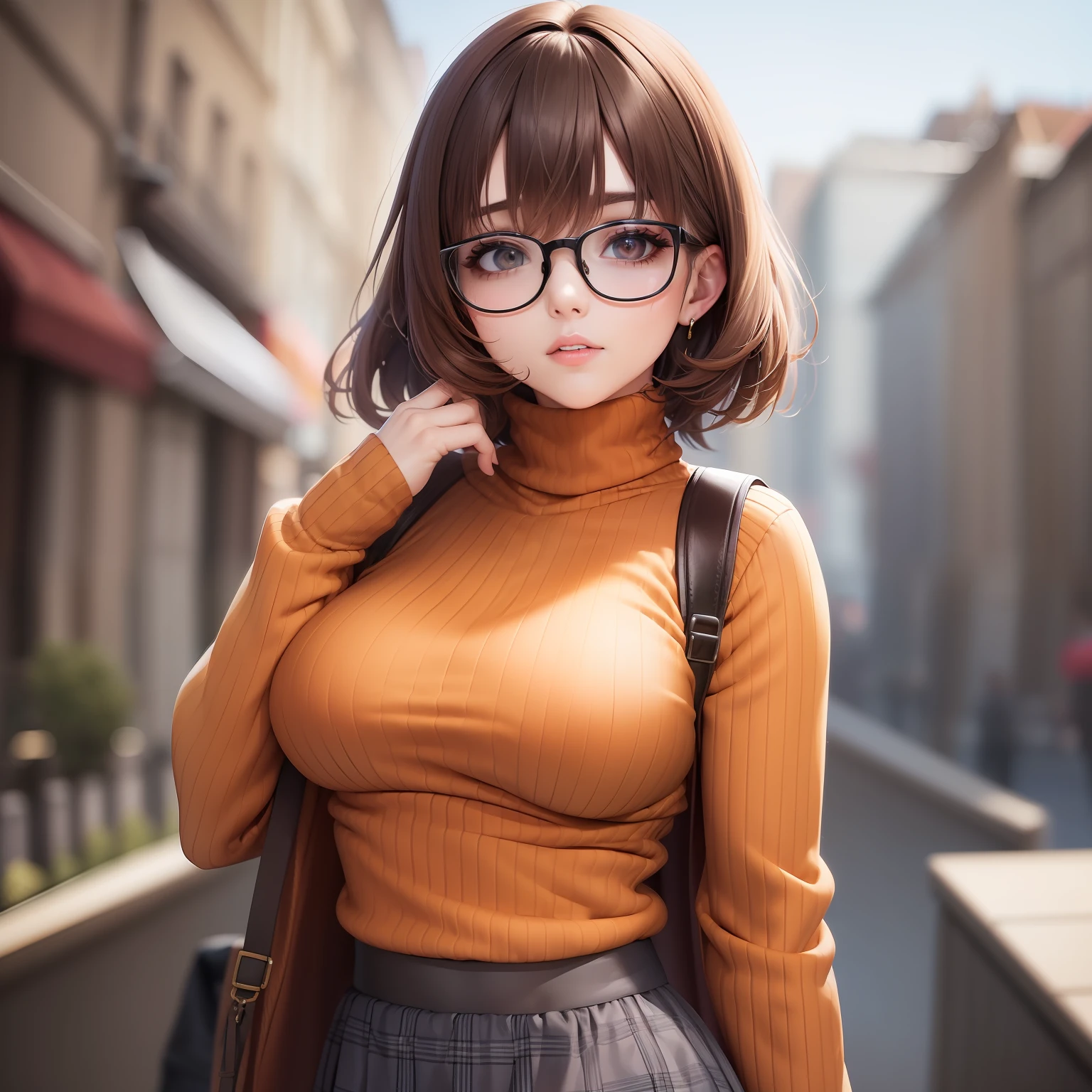 (masterpiece:1.2), (best quality), (ultra detailed), (8k, 4k, intricate),(full-body-shot:1), (highly detailed:1.2),(detailed face:1.2), (detailed background),detailed landscape, ((portrait)), (dynamic pose:1.2) velma, 1girl, solo, breasts, looking at viewer, short hair, skirt, large breasts, brown hair, brown eyes, pantyhose, pleated skirt, glasses, sweater, turtleneck, ribbed sweater, turtleneck sweater, orange shirt, orange sweater,upper body