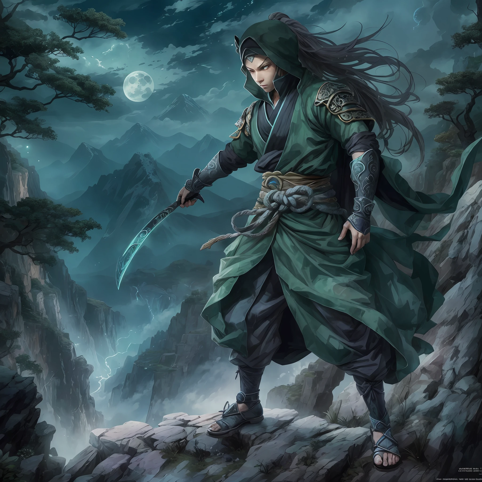 mystic ninja，Detailed face，Detailed eyes，Clear eyes，Gui Zen，Exotic beasts of mountains and seas，Dark green and black details, Loose and thick clothing covers the body，standing on cliff，Bask in the luxury of Yoshitaka Amano in the moonlight，fanciful，sci-fy，the complex background（full bodyesbian），((dynamicposes))，Colorful wallpapers，Highly detailed，Masterpiece，best qualtiy，art  stations