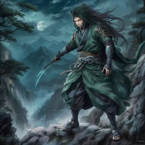 mystic ninja，detailed face，detailed eyes，clear eyes，gui zen，exotic beasts of mountains and seas，dark green and black details, lo...