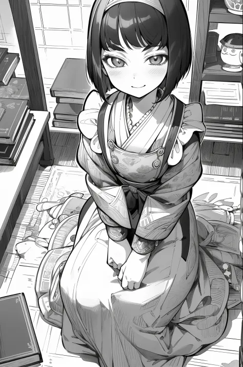 masterpiece, 1girl, solo,  pov, sitting,from above,  smile, 12yo, traditional maid, maid, greyscale, monochrome, halftone, drawi...