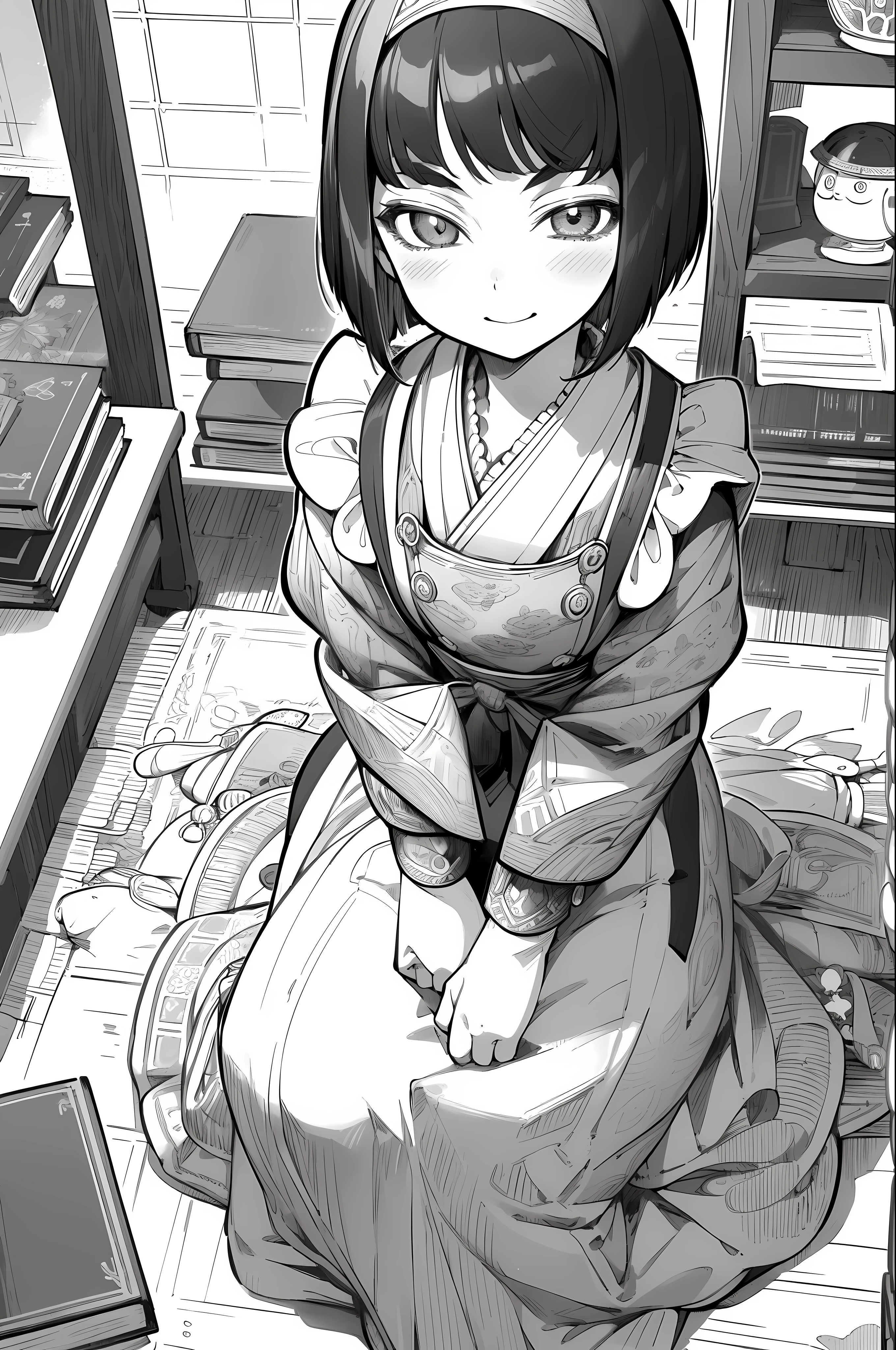 masterpiece, 1girl, solo,  pov, sitting,from above,  smile, 12yo, traditional maid, maid, greyscale, monochrome, halftone, drawing, manga, otoyomegatari,
British, eyeforcus, bob cut,  face focus, bust shot, many book shelf, study room,