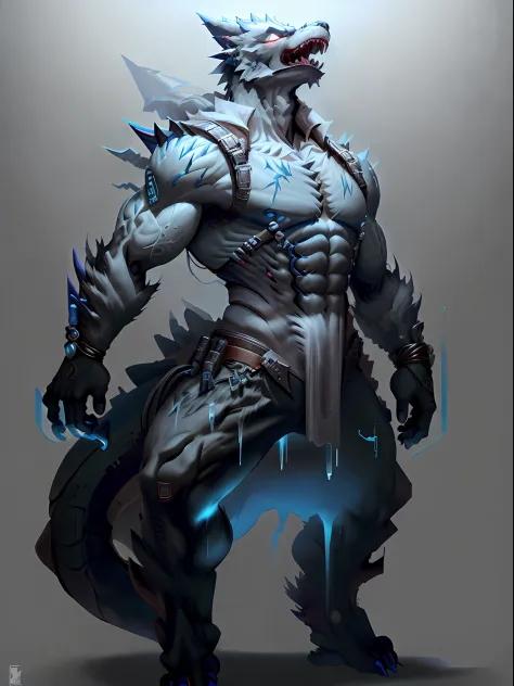 Artificial Intelligence Dragon Man，Full body like，Furry werewolves，A pair of dragon wings，All-black rubber shorts，Whole body body body body fluids，Black skin，Chemical and biological weapons，blue stripe，sharp talons，Lower body outflow fluid，standing on your...