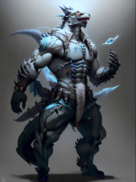 Artificial Intelligence Dragon Man，Full body like，Furry werewolves，A pair of dragon wings，All-black rubber shorts，Whole body body body body fluids，Black skin，Chemical and biological weapons，blue stripe，sharp talons，Lower body outflow fluid，standing on your...