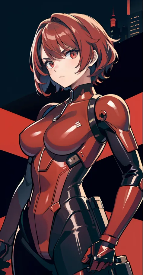 1girl, masterpiece, lady_nagant, short hair, red hair,  red eyes, serious, mechanical suit, black suit, portrait, night city bac...