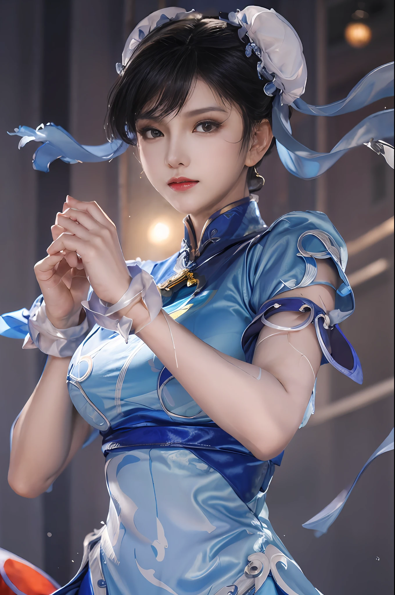 blaues Cheongsam、((Meisterwerk、am besten qualifiziert))、1Mädchen in、Solo、ChunLi、Der obere Teil des Körpers、Schöner Nachtstraßenhintergrund