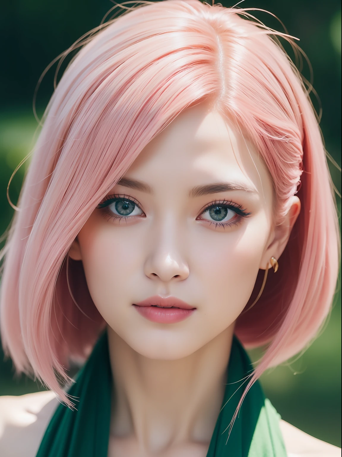(masterpiece:1.4, best quality), (intricate details), unity 8k wallpaper, ultra detailed, beautiful and aesthetic, perfect lighting, (1girl), (pink hair, green eyes, medium breasts),, dynamic pose, dynamic angle,  lipstick, slim, slim body, medium breasts, , detailed background, realistic, solo, perfect detailed face, detailed eyes, highly detailed, blush, hair ornament, rolling_eyes, cross-eyed,