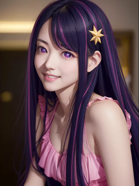 hoshino ai, long hair, purple hair, streaked hair ,purple eyes, star-shaped pupils, hair ornament,  star-shaped pupils, pink bea...