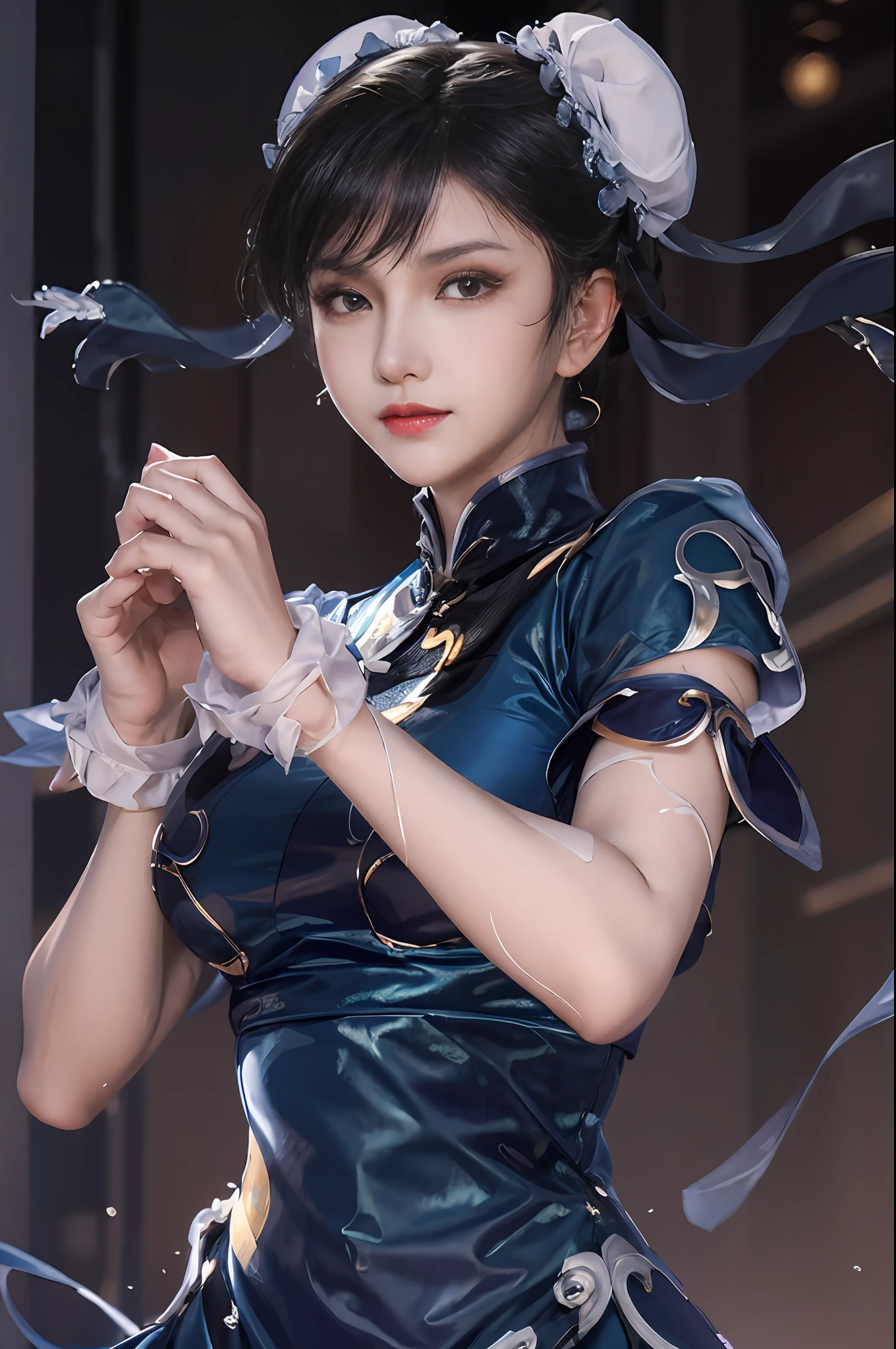 dark blue qipao、((​masterpiece、best qualified))、1girl in、solo、ChunLi、The upper part of the body、Beautiful night street background